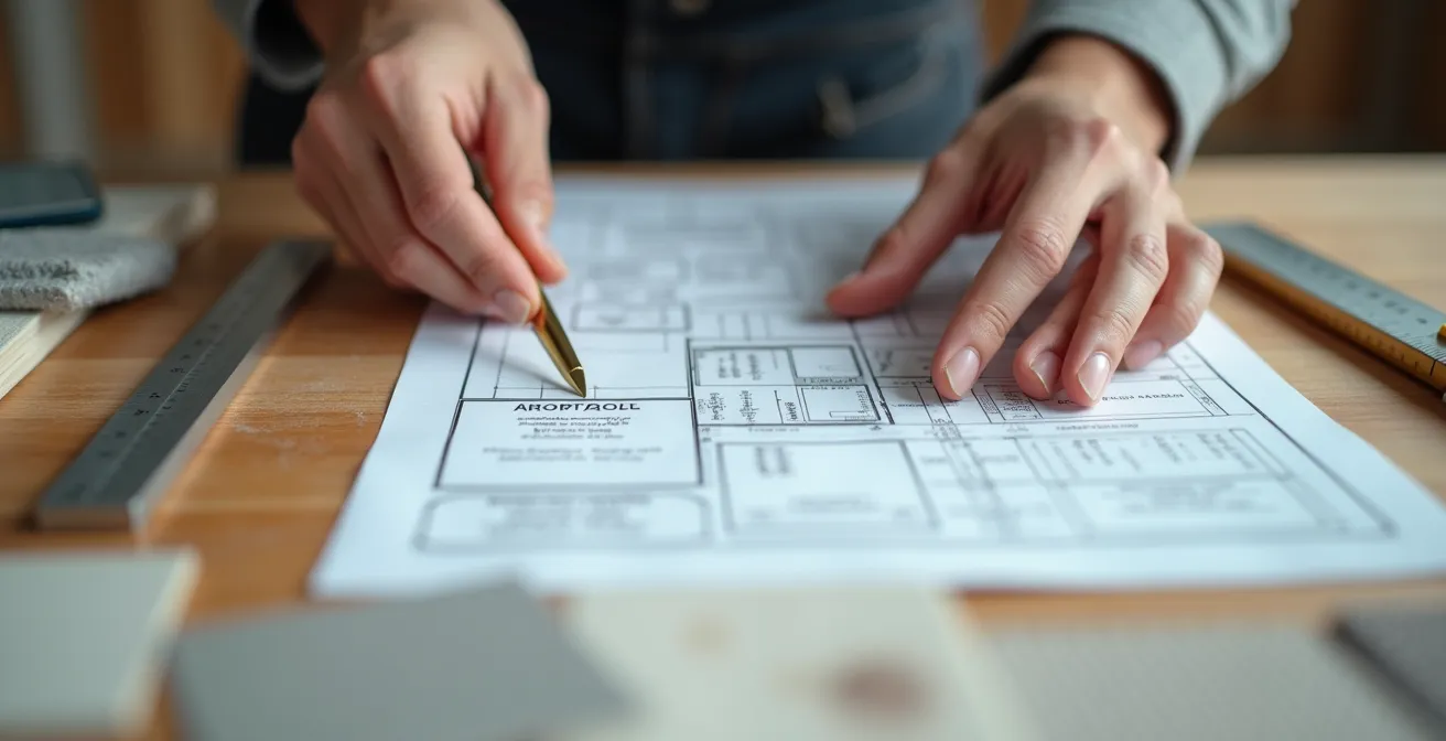 Gros plan sur des mains d'un expert analysant un devis détaillé avec mesures de précision et échantillons de matériaux