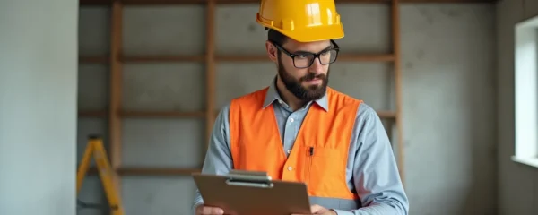 Un professionnel du bâtiment en gilet de sécurité évalue un chantier de rénovation avec documentation et outils de mesure