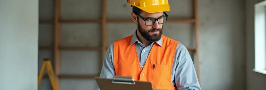 Un professionnel du bâtiment en gilet de sécurité évalue un chantier de rénovation avec documentation et outils de mesure