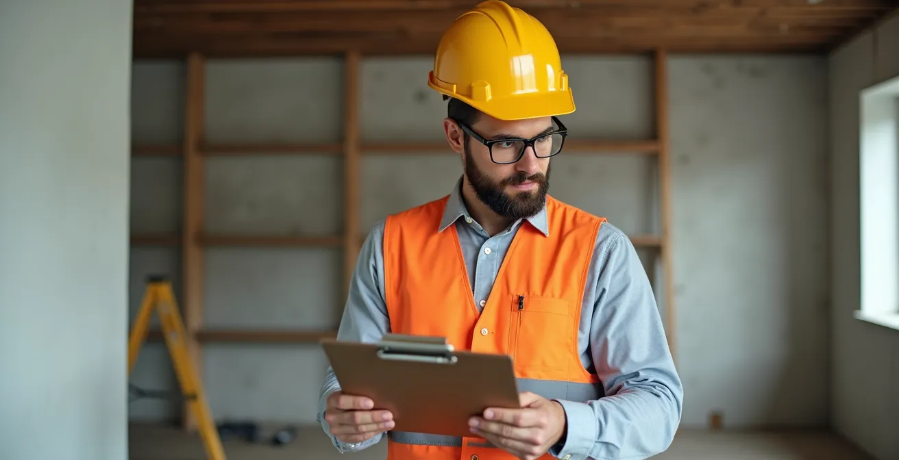 Un professionnel du bâtiment en gilet de sécurité évalue un chantier de rénovation avec documentation et outils de mesure