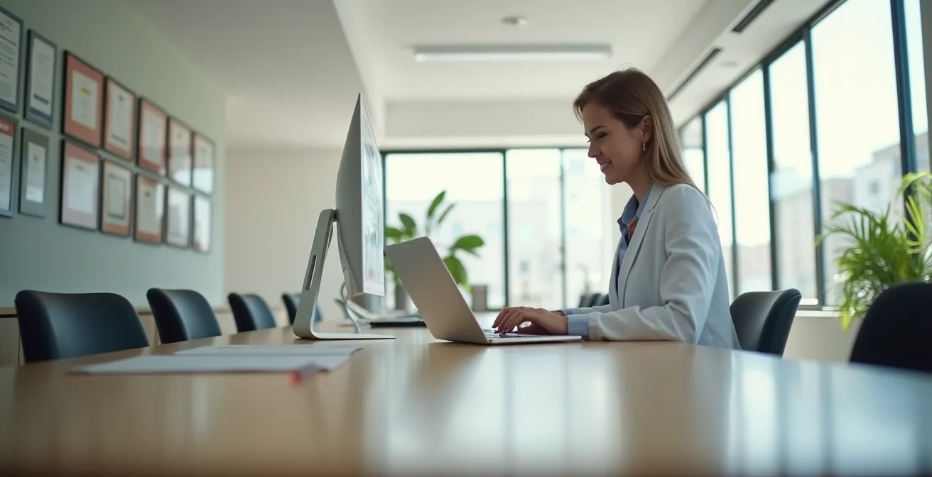 Écran flou montrant l'interface d'un site web professionnel avec portfolio de projets rénovation en arrière-plan