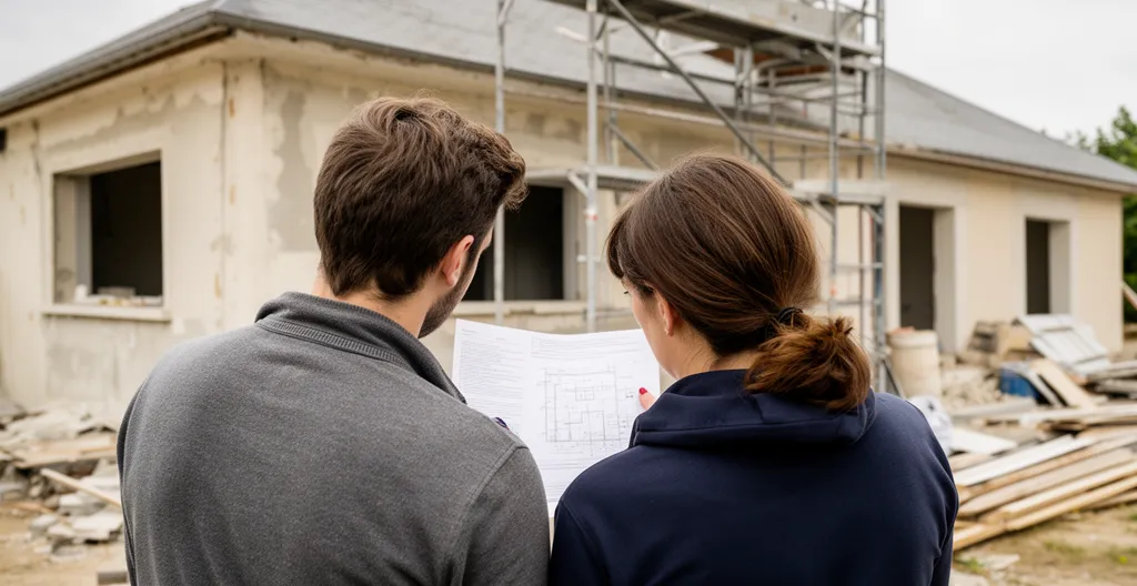 Consultation d'un document devant une maison en rénovation