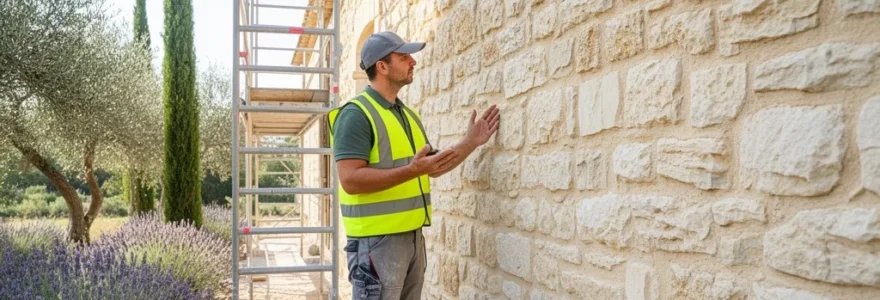 Maçon inspectant un mur en pierre calcaire d'un mas provençal près de Cavaillon