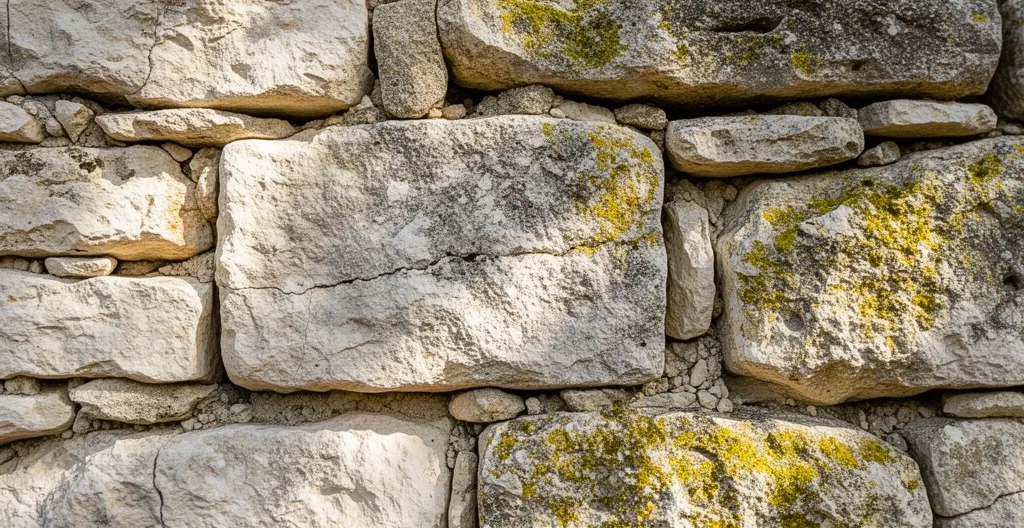 Détail d'un mur ancien en pierre calcaire avec joints à la chaux traditionnels