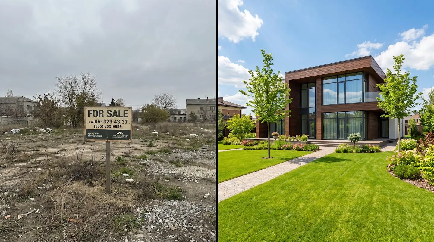 Comparaison avant-après : un terrain nu devient une maison, grâce à une étude de sol préalable.