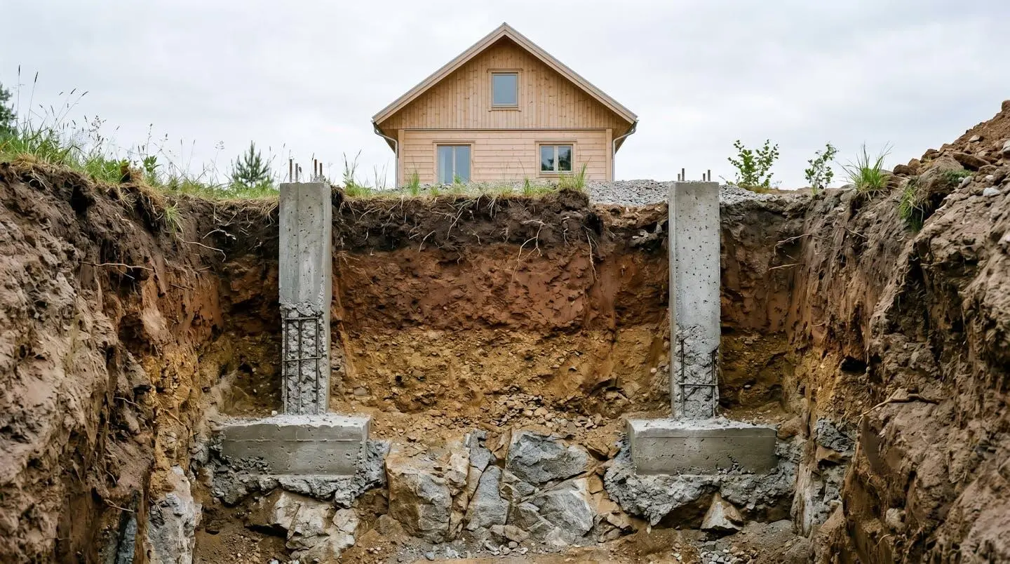 Coupe du sol montrant les différentes couches géologiques et les fondations ancrées dans la roche.
