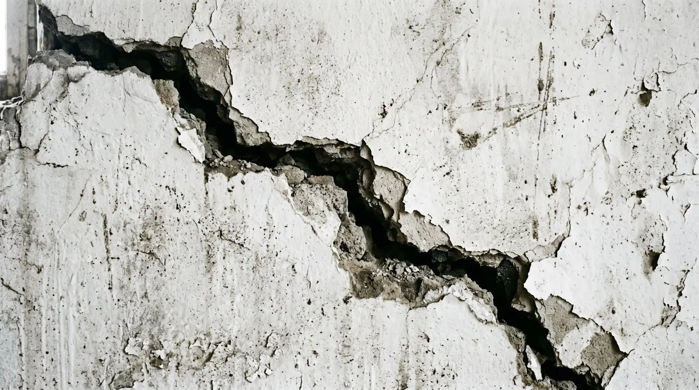 Fissure en zigzag sur un mur en crépi blanc, conséquence d'un sol argileux non étudié.