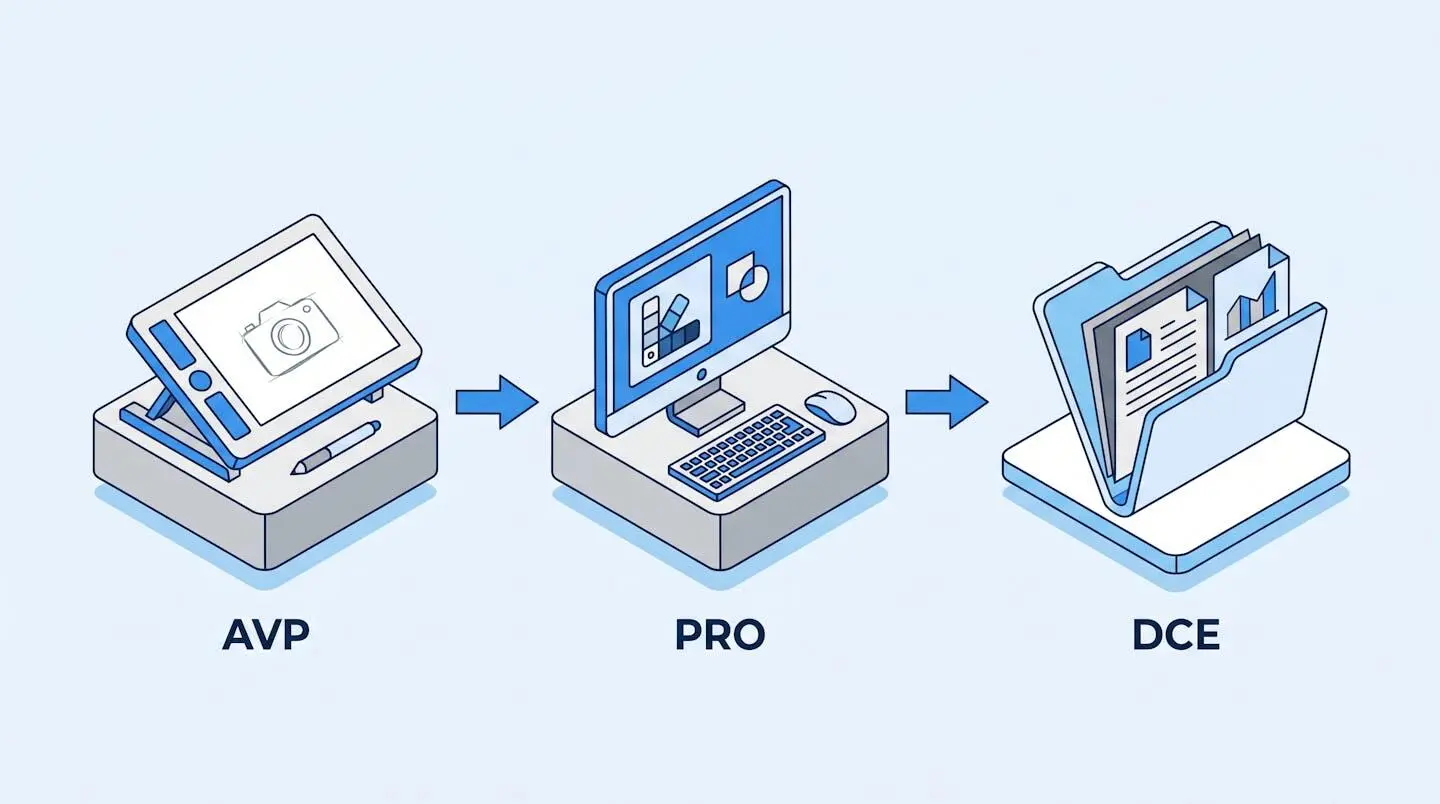 Illustration des trois phases de la mission G2 : AVP, PRO, DCE.