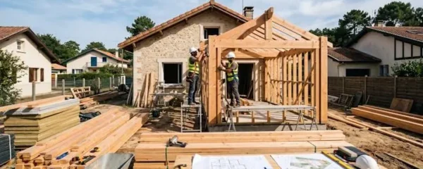 Chantier d'extension de maison ossature bois avec artisan au travail, matériaux de construction organisés et plans techniques visibles