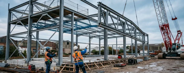Deux monteurs en charpente métallique guident la pose d'une ferme en acier levée par une grue sur le chantier d'un bâtiment industriel.