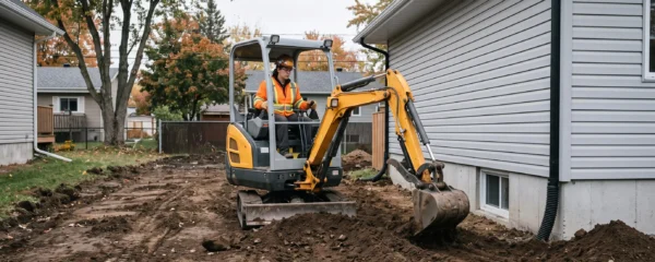 Un opérateur manœuvre une mini-pelle pour modeler la pente du terrain le long de la fondation d'une maison résidentielle au Québec.