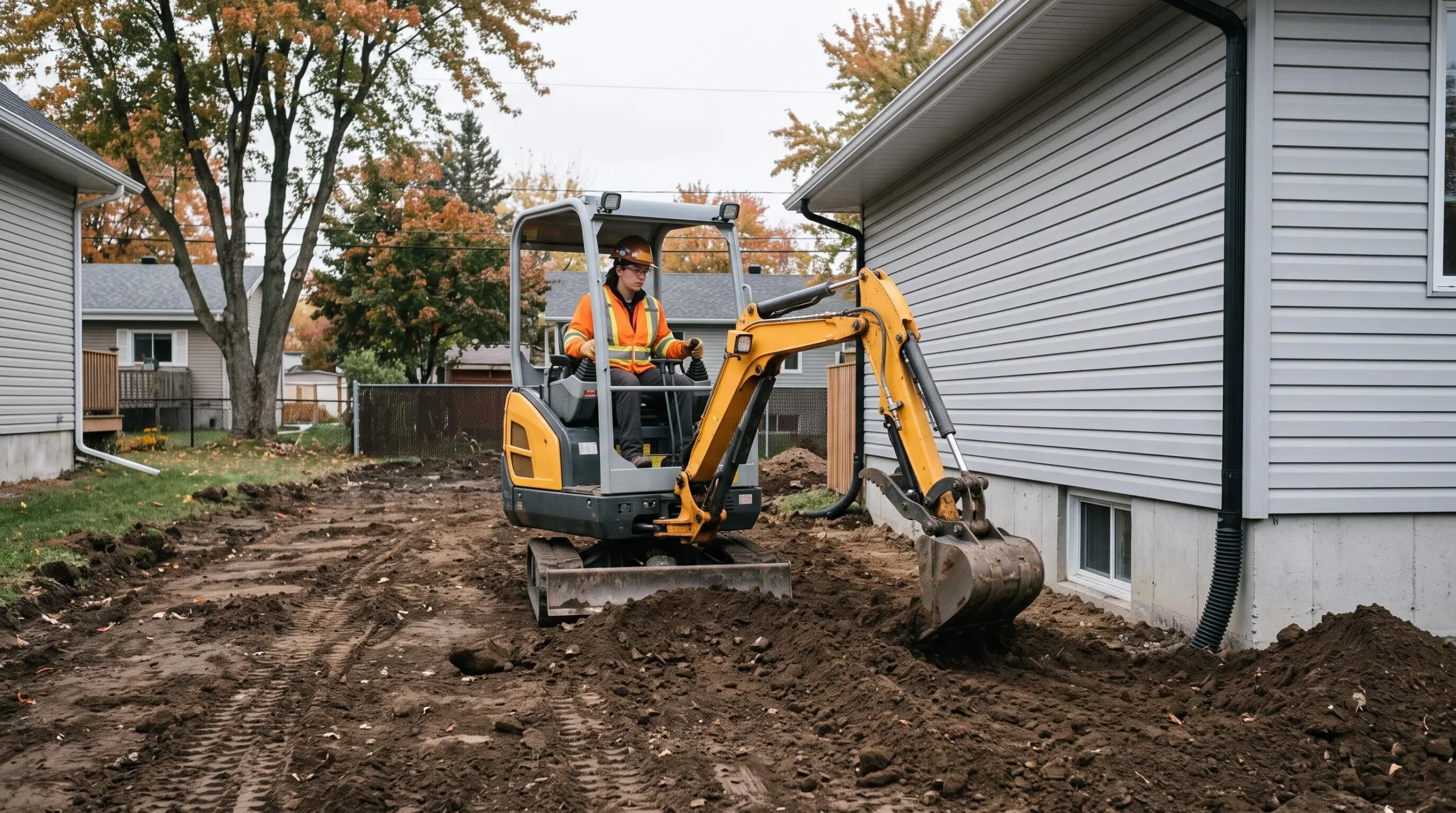 Un opérateur manœuvre une mini-pelle pour modeler la pente du terrain le long de la fondation d'une maison résidentielle au Québec.