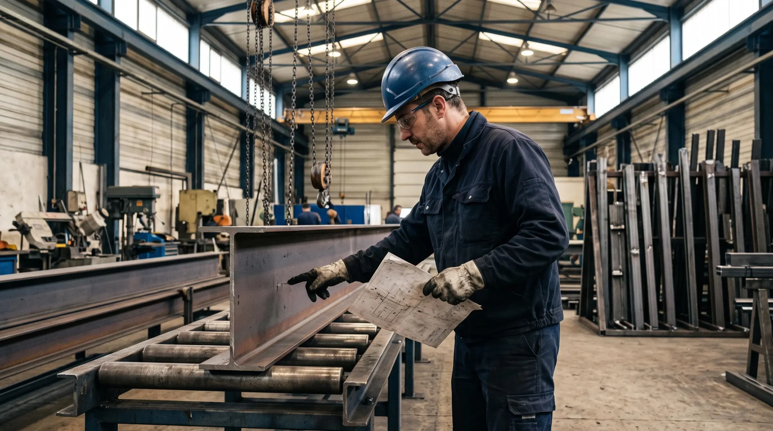 Un opérateur en atelier de fabrication métallique vérifie le repérage d'une poutre acier à l'aide d'un plan de fabrication.