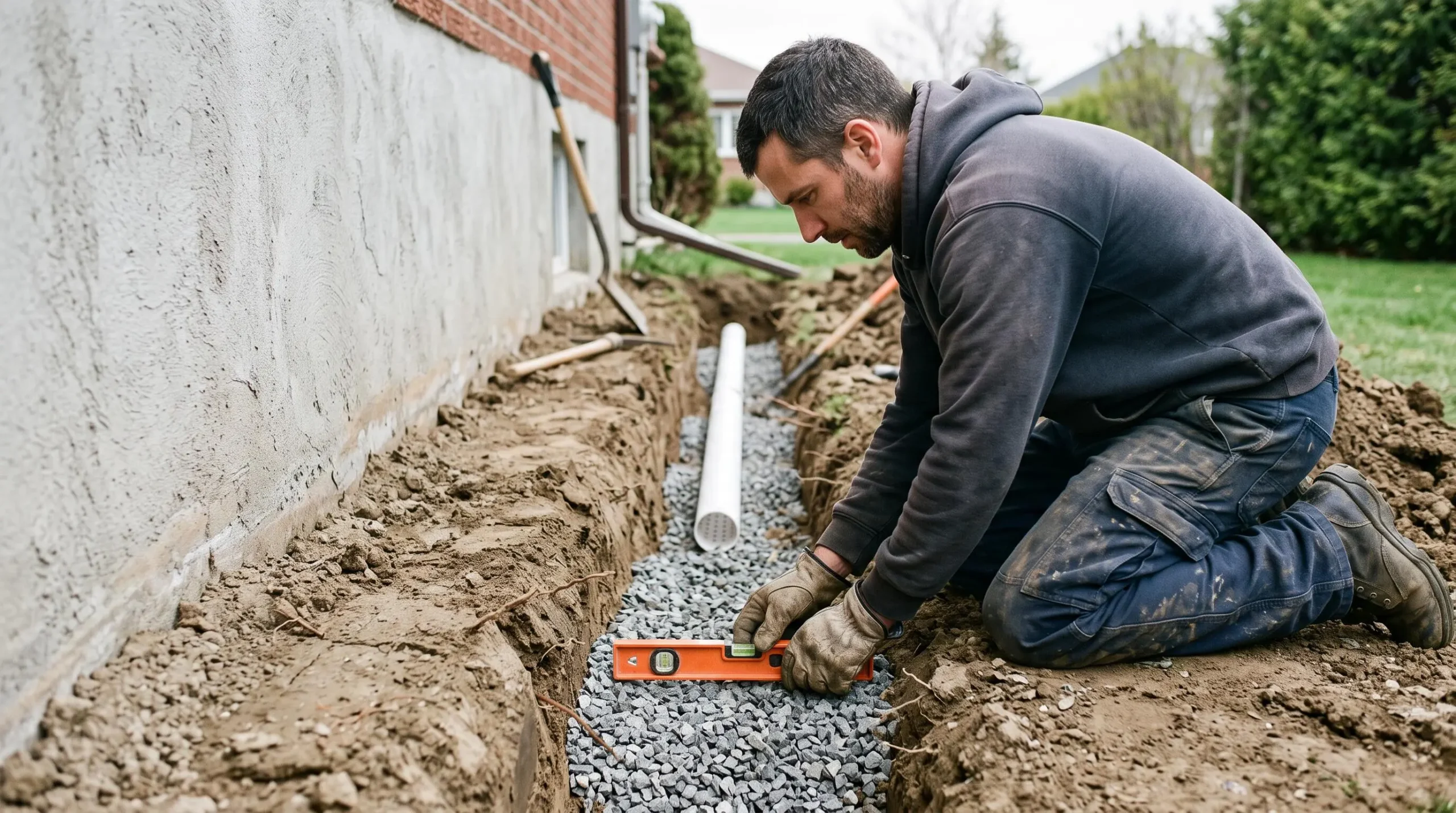 Un ouvrage agenouillé vérifie la pente d'une tranchée de drainage à l'aide d'un niveau à main posé sur le gravier, le long d'une fondation.
